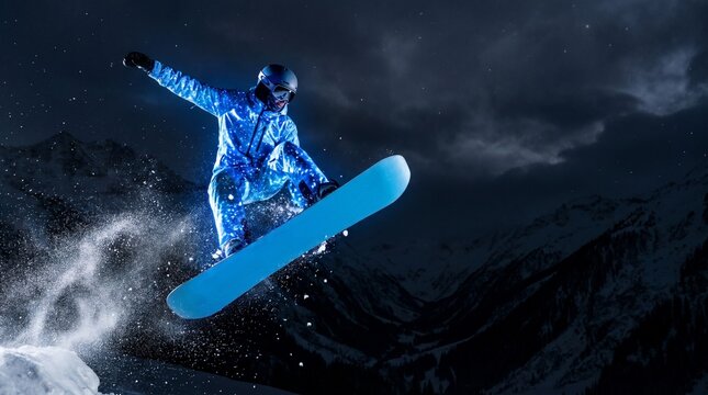 
An action-packed, low-angle shot of a snowboarder mid-air during a night session. The athlete is performing a jump against a dramatic backdrop of dark, rugged mountains and a moody, overcast sky.