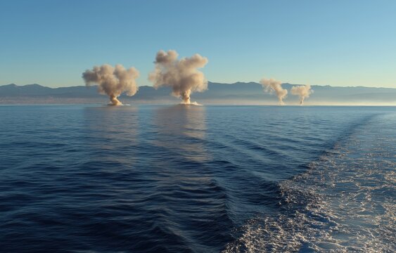 Numerous plumes of water and smoke erupt from the sea surface as debris from an intercepted missile falls. Distant mountains are visible