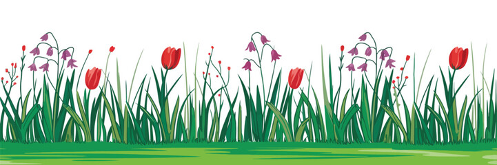 Seamless Spring Summer Grass Border with Meadow Plants Silhouette, Horizontal Nature Pattern Illustration for Floral Design, Landscape Background, Eco Decoration © BROZEEX