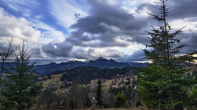 Mountain Dawn Landscape, Sunrise Above Forest And Meadow, Dramatic Early Morning With Sun And Clouds