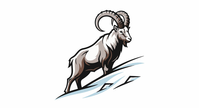 Stylized illustration of a powerful mountain goat with large curved horns on a snowy slope