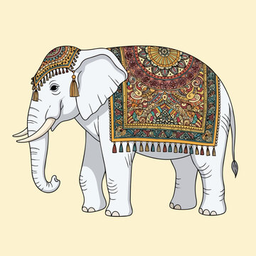 Ornate white elephant adorned with colorful traditional ceremonial blankets and tassels on a light background