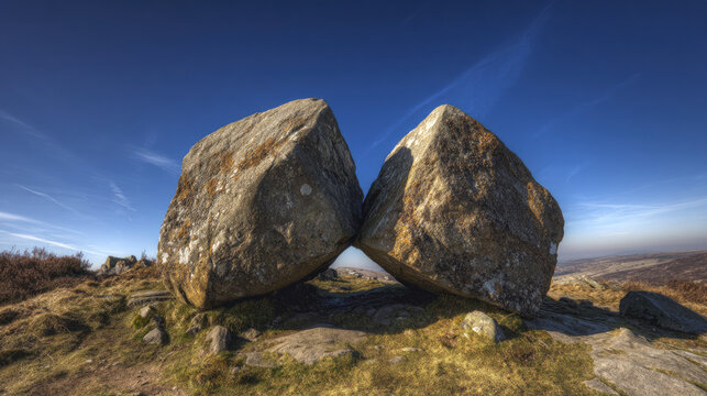 Two large rocks leaning on each other under clear blue sky, surrounded by grass and rugged terrain, creating peaceful and natural landscape scene