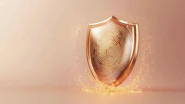 Shining gold shield with fingerprint for personal data protect. Cyber security concept for personal information security technology, identity verification and authorization system.
