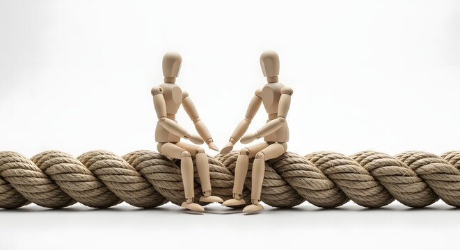 Wooden mannequins sitting on thick hemp rope over white backgrounds.