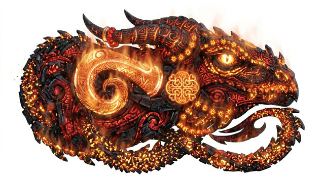 Red dragon made of burning charcoal and glowing embers isolated on white