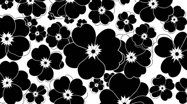 Dense floral blossoms overlapping in black and white pattern, no seamless