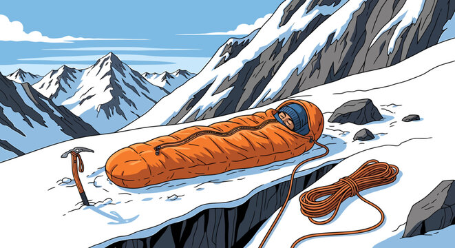 Orange Sleeping Bag on Snowy Mountain Slope with Ice Axe and Rope.