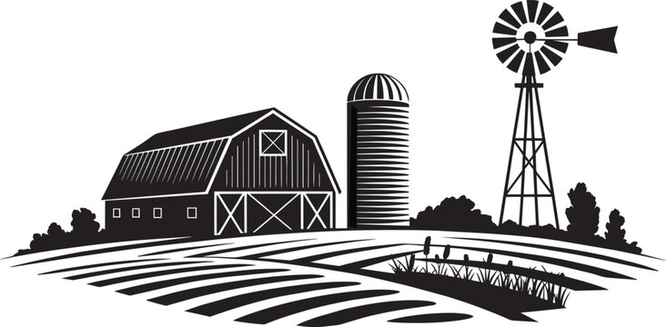 Farm landscape with barn silo and windmill over plowed fields in monochrome woodcut style