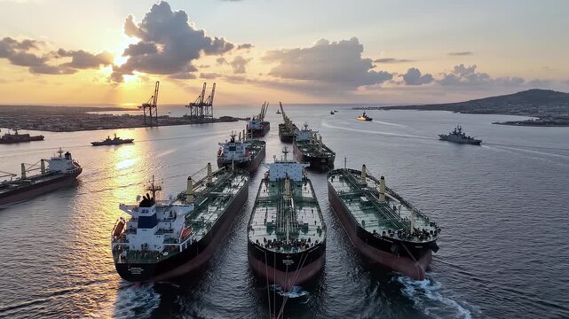 Aerial view of ships anchored in Strait of Hormuz during blockade, global trade disruption and geopolitical conflict