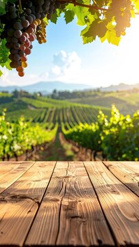 Vineyard with table in focus, grapes, sunlight