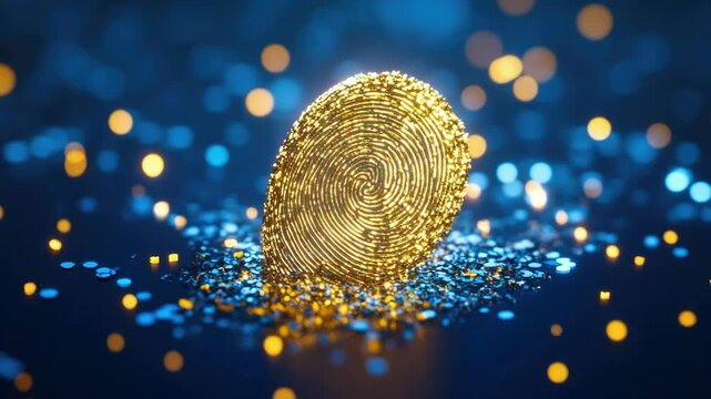 Golden fingerprint on dark blue background. Personal identification and biometric authentication technology, cyber security for digital protection, futuristic design