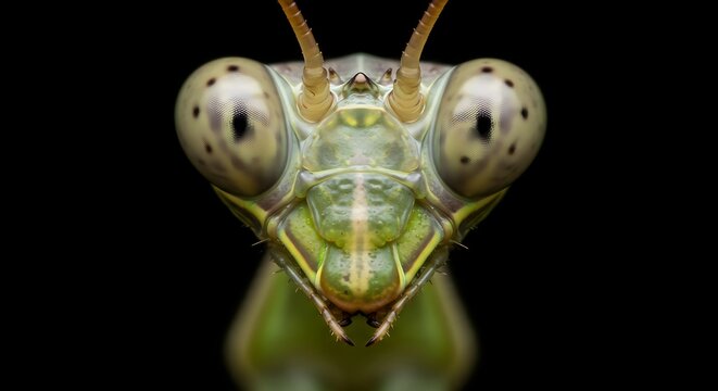 Extreme Macro Close-Up of a Praying Mantis Head and Eyes Isolated on Black Background