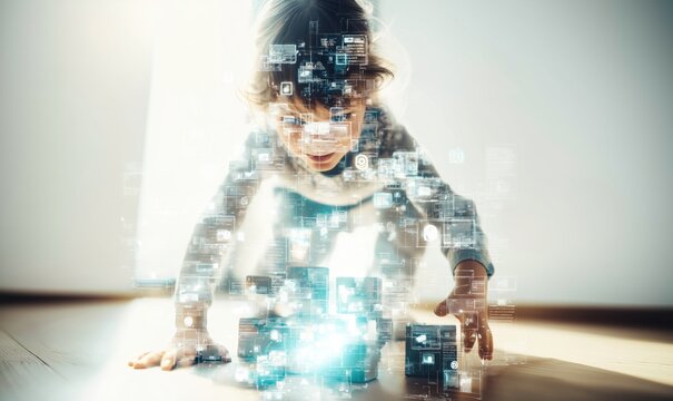 Child watches glowing cubes & data displays, reflecting future tech interaction & online presence