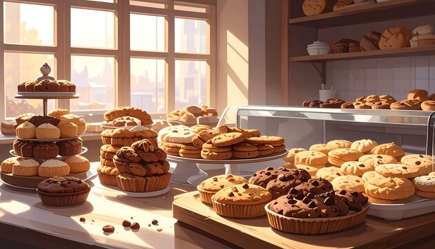 A bakery display with assorted pastries and muffins on wooden boards