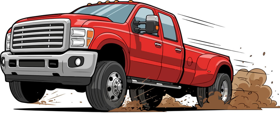 Red pickup truck vector illustration, heavy duty dually diesel truck driving fast through mud, powerful 4x4 off-road vehicle with motion lines