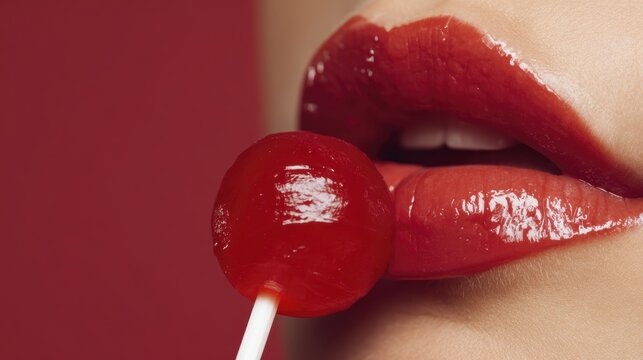 Red lips and lollipop close-up: sensual beauty and alluring makeup