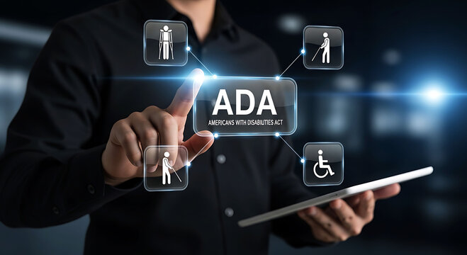 ADA Americans with Disabilities Act concept with businessman touching digital screen