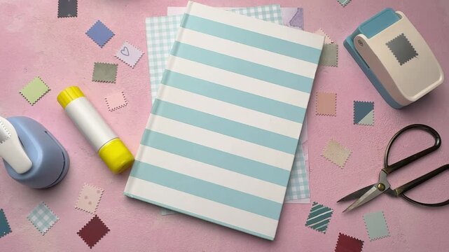 Crafting supplies and journal on a pink background