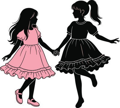 Two Cute Little Girls Holding Hands Dancing Together in Dresses Vector Illustration on White Background