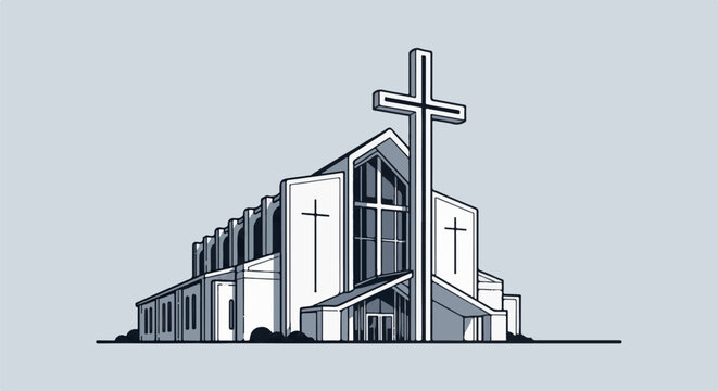 Stylized, modern church with a large prominent cross and arched windows