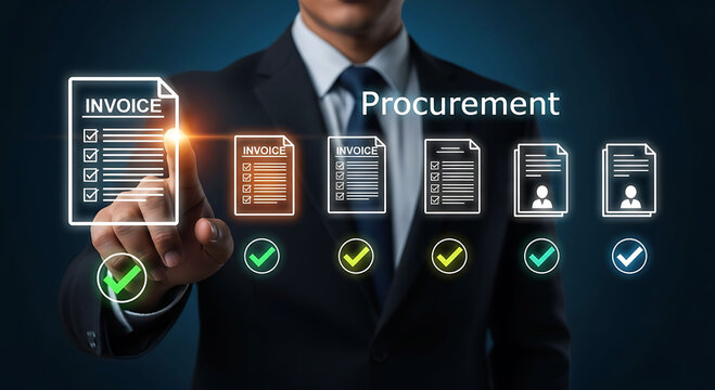Business professional managing digital procurement process and invoice approval