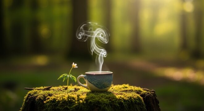 Steaming cup of herbal tea on mossy log in serene forest with soft sunlight and smoke swirls