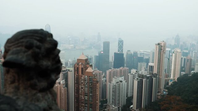 Cloudy cityscape in China, Hong Kong travel, tourism, hilltop view of city, architecture, historic, Hong Kong City Hike, walking, scenic