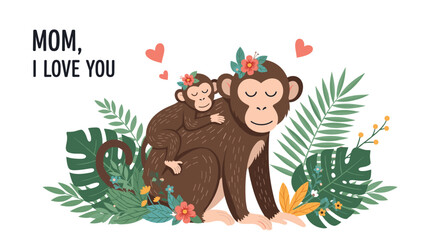 Naklejka premium Heartwarming Mother Day illustration shows a monkey mother with her baby on her back surrounded by lush tropical jungle foliage leaves.