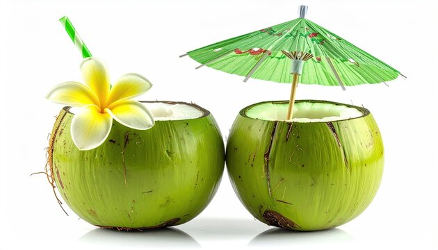 Two coconuts, drinks ready, flower and tiny parasol