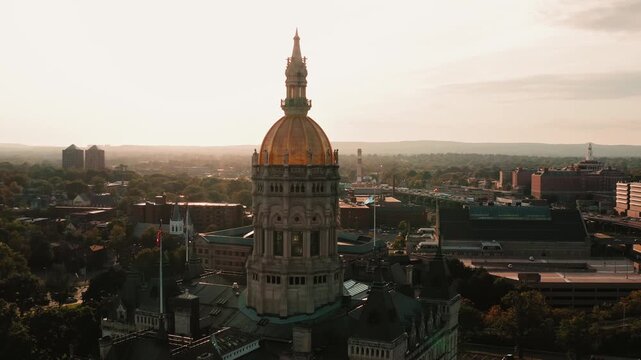 The gleaming golden dome of Hartford Connecticut State Capitol Building up close