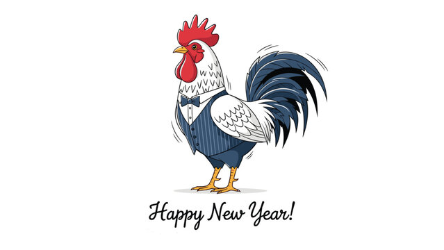 Dressed up rooster wearing a pinstriped vest and bow tie with the greeting happy new year written in script font at the bottom.