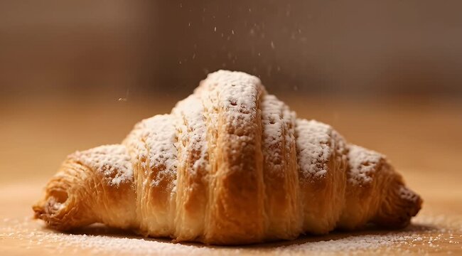 Fresh golden croissant with powdered sugar dusting, buttery flaky pastry on wooden table, delicious french breakfast bakery food