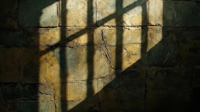 Sunlit prison cell wall with shadowy bars capturing isolation and confinement