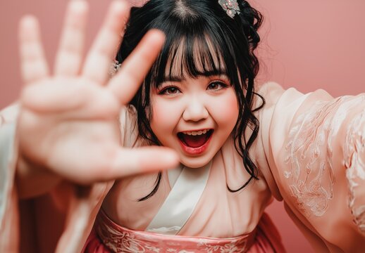A joyful young East Asian woman with a wide smile and rosy cheeks wears a traditional pink attire, playfully reaching her hand forward