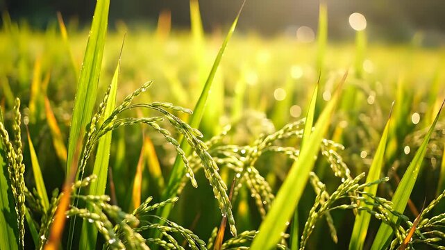 Golden Rice Field at Sunrise with Dew Drops.