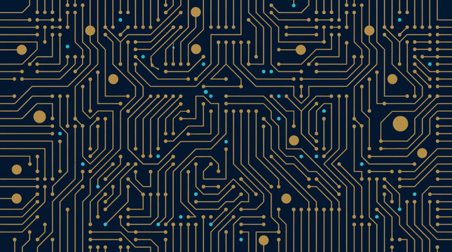 A complex circuit board pattern with gold lines and dots on a dark blue background