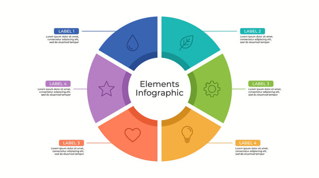 A colorful infographic template with six sections and various icons
