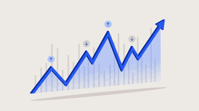 A blue line graph showing an overall upward trend with various data points and arrows indicating growth and fluctuations.