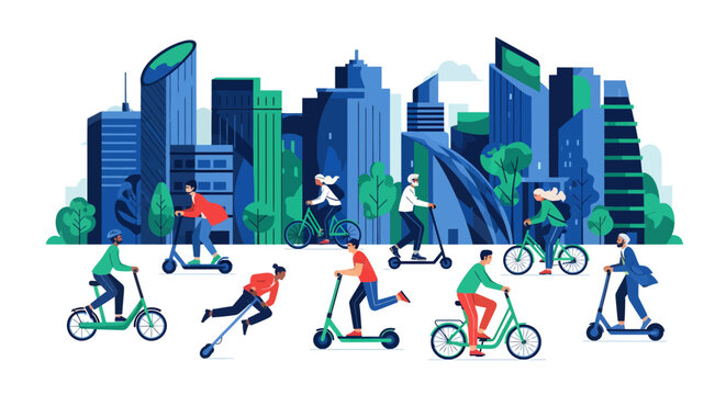 City dwellers commuting on scooters and bicycles in urban landscape