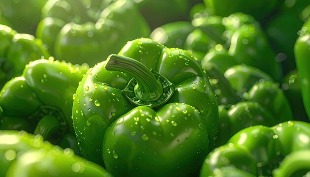Fresh, glistening green peppers. Close-up in natural light