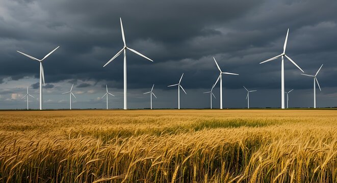 Wind turbines in a golden wheat field under a dramatic dark stormy sky