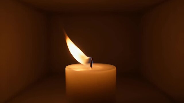 Atmospheric candle flame flickering in dark room, warm glowing candlelight for meditation, peaceful wax candle burning in shadows