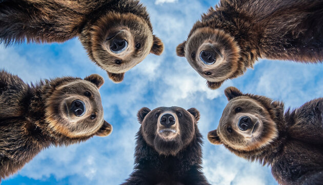Low angle close up of five bears forming a circle and looking down toward the camera against a clear sky, capturing wildlife curiosity, unity, and a unique playful perspective in nature photography.
