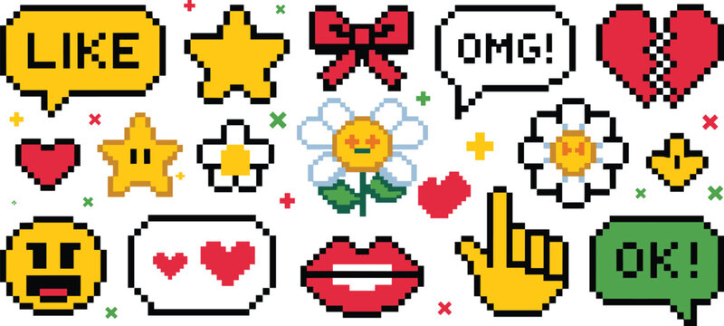 Set of colorful pixel art vector icons including speech bubbles hearts stars and social media emojis for retro gaming stickers and digital interface