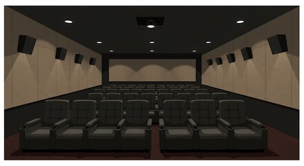 Naklejka premium Empty movie theater interior with rows of black seats and a blank screen, digital illustration