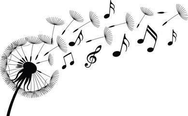 Dandelion silhouette flower with flying seeds turning into musical notes blowing in wind isolated on white background vector © Md