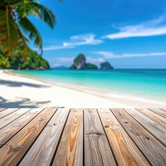 Fototapeta premium Wooden deck overlooking a tropical beach scene