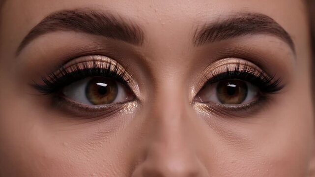 Glamorous eye makeup with long eyelashes and brown eyes, professional beauty cosmetics application, close up of female eyes with neutral eyeshadow