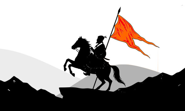 Silhouette of Chhatrapati Shivaji Maharaj on rearing horse holding saffron Bhagwa Zenda flag against white background symbolizing Maratha pride and warrior legacy
